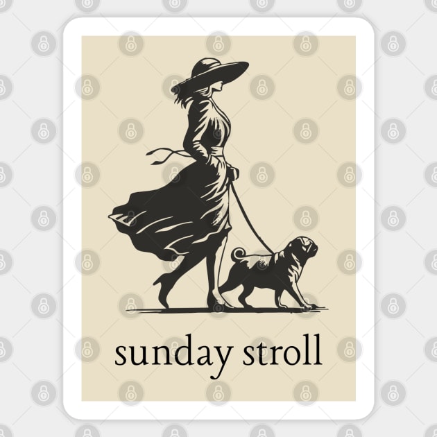Sunday Stroll Pug T-Shirt | Vintage Elegant Woman Walking Dog Tee Sticker by TuncGK
